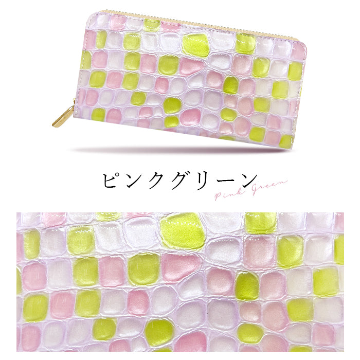 ちょっと上品な ステンドグラス エナメル加工 財布 長財布 カード収納 ウォレット さいふ レザー 革 牛革 ハンドメイド ラウンド財布 ラウンドファスナー サイフ 革財布 本革 ラウンド長財布 本革長財布 レディース 長サイフ