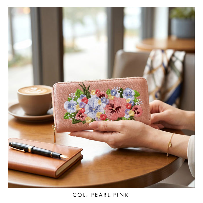 本革 パンジー刺繡 長財布 ラウンド型 型押し レディース カード収納 財布 花 [WL-R1-S5]