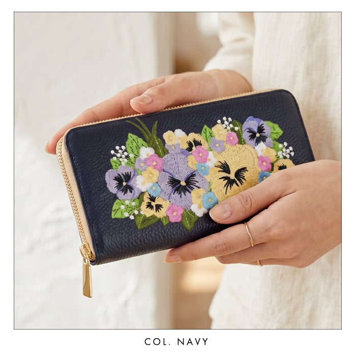 本革 パンジー刺繡 長財布 ラウンド型 型押し レディース カード収納 財布 花 [WL-R1-S5]