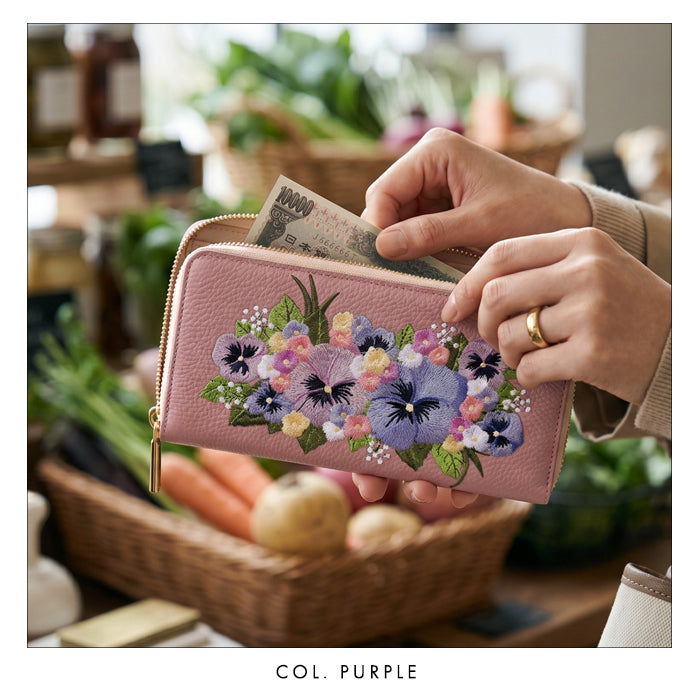 本革 パンジー刺繡 長財布 ラウンド型 型押し レディース カード収納 財布 花 [WL-R1-S5]