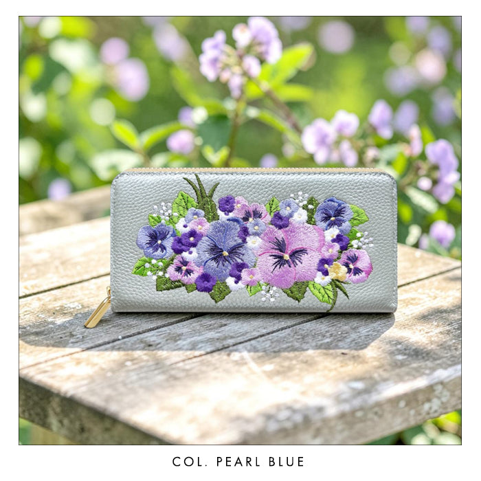 本革 パンジー刺繡 長財布 ラウンド型 型押し レディース カード収納 財布 花 [WL-R1-S5]