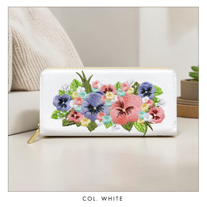 本革 パンジー刺繡 長財布 ラウンド型 型押し レディース カード収納 財布 花 [WL-R1-S5]