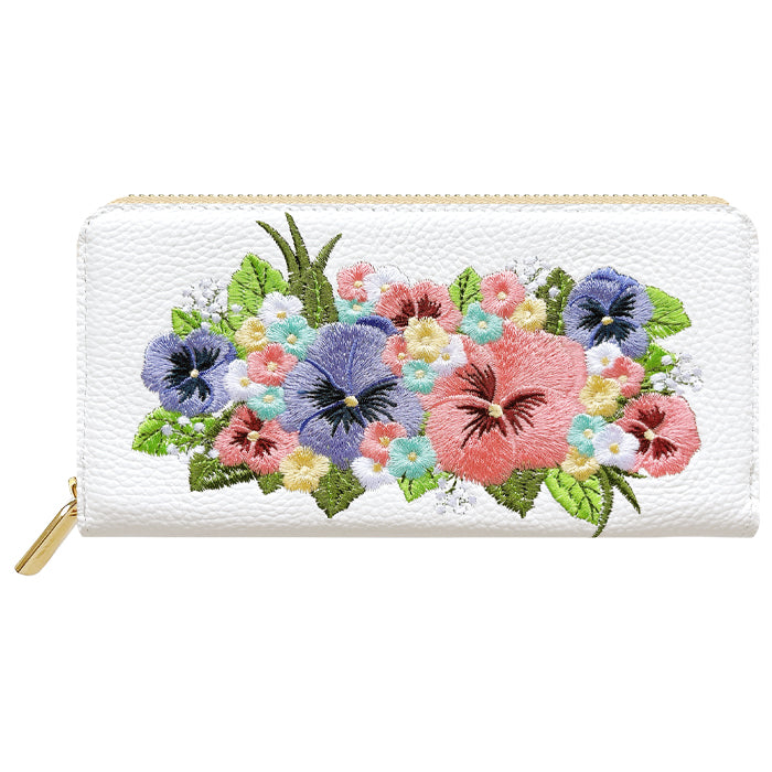 本革 パンジー刺繡 長財布 ラウンド型 型押し レディース カード収納 財布 花 [WL-R1-S5]