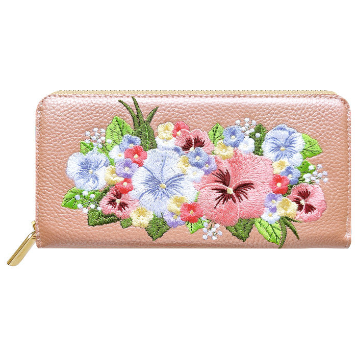 本革 パンジー刺繡 長財布 ラウンド型 型押し レディース カード収納 財布 花 [WL-R1-S5]