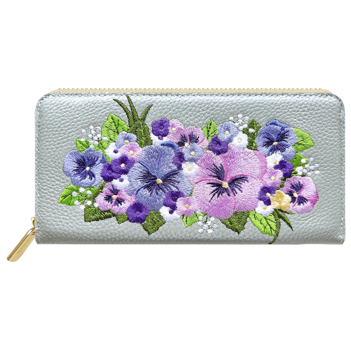 本革 パンジー刺繡 長財布 ラウンド型 型押し レディース カード収納 財布 花 [WL-R1-S5]