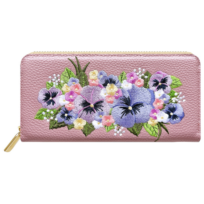 本革 パンジー刺繡 長財布 ラウンド型 型押し レディース カード収納 財布 花 [WL-R1-S5]