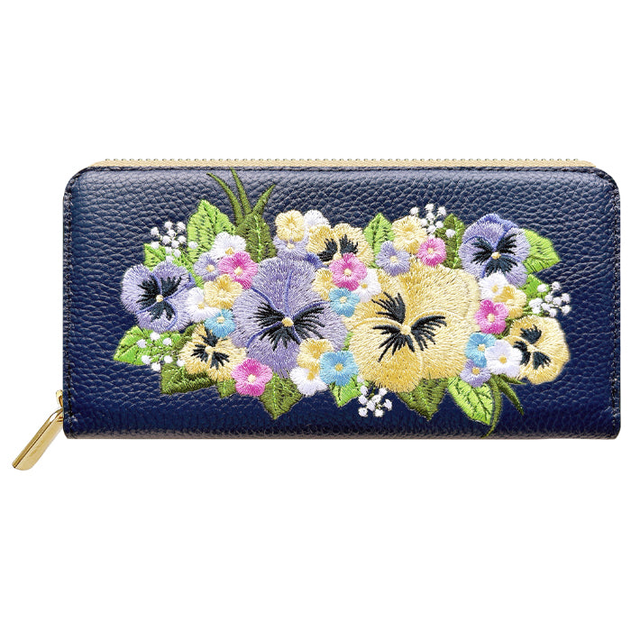 本革 パンジー刺繡 長財布 ラウンド型 型押し レディース カード収納 財布 花 [WL-R1-S5]