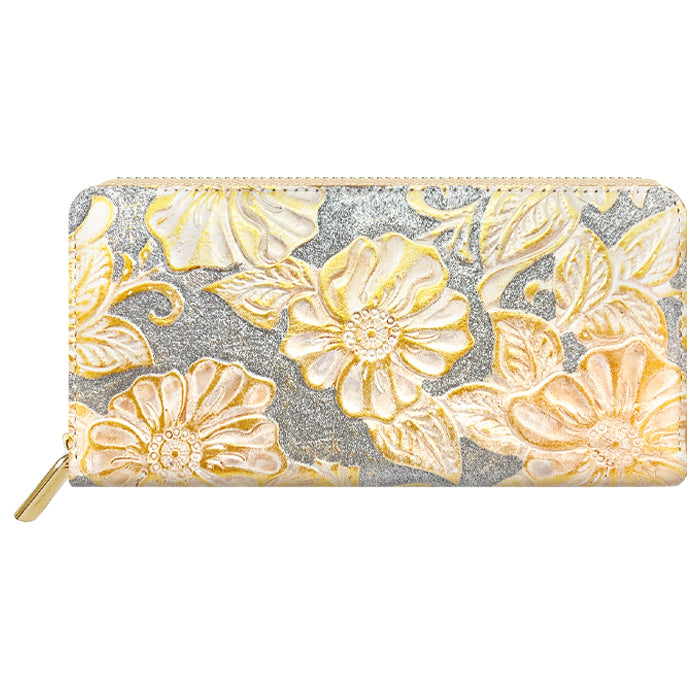 ラメフラワー 型押し 財布 長財布 ラウンドファスナー ハンドメイド 牛革 ウォレット 革財布 レザー さいふ ラウンド長財布 革 カード収納 長サイフ 本革長財布 ラウンド財布 本革 レディース サイフ 花 型押し 花柄