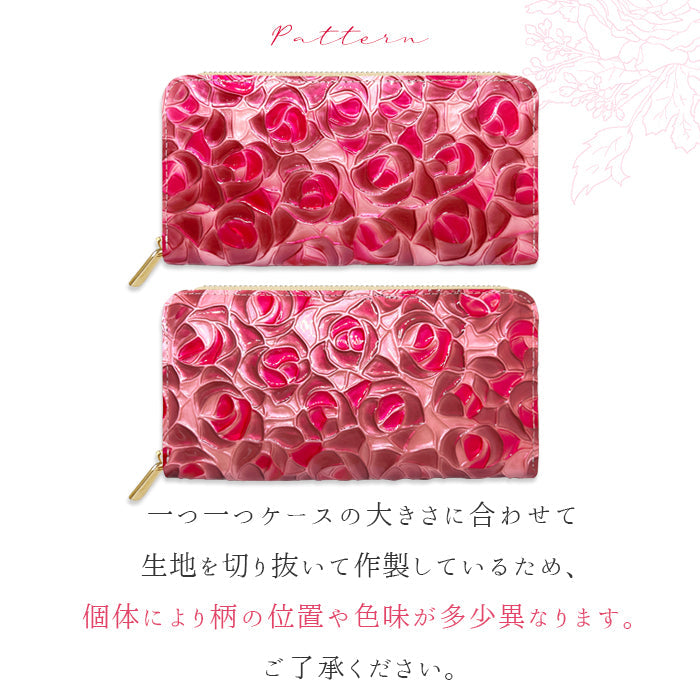 ステンドグラスローズ 財布 長財布 バラ エナメル加工 本革長財布 牛革 ラウンド長財布 長サイフ 革 ローズ ラウンドファスナー サイフ 本革 さいふ レディース レザー 薔薇 ラウンド財布 革財布 ハンドメイド カード収納 ウォレット