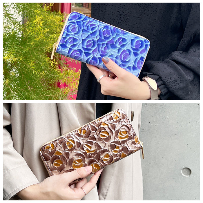 ステンドグラスローズ 財布 長財布 バラ エナメル加工 本革長財布 牛革 ラウンド長財布 長サイフ 革 ローズ ラウンドファスナー サイフ 本革 さいふ レディース レザー 薔薇 ラウンド財布 革財布 ハンドメイド カード収納 ウォレット