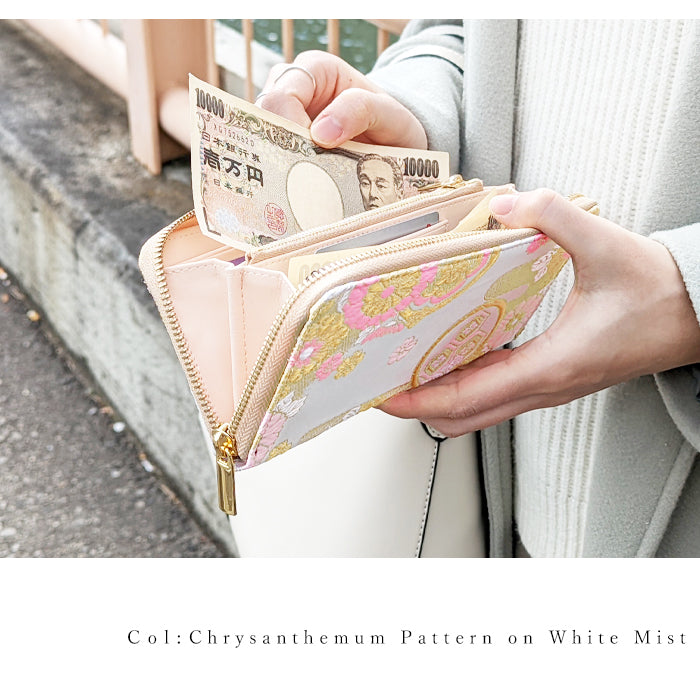 西陣織 高美者 長財布 ハンドメイド 財布 ウォレット さいふ 流水文 和 レディース ラウンド長財布 和柄 ラウンド財布 鳳凰 牡丹 織物 サイフ 豪華 カード収納 金襴 源氏絵巻 和風 ラウンドファスナー 長サイフ